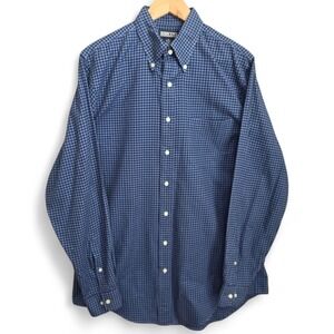Lands End Shirt Mens Medium 15-15.5 Tall Blue Gingham Check Button Down Casual